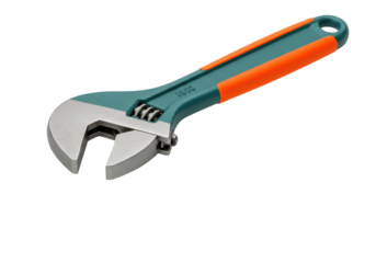 Isolated adjustable wrench with teal and orange handle, tool for loosening and tightening