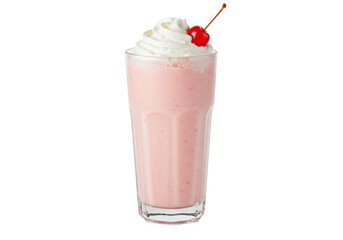 Isolated strawberry milkshake, cherry, and whipped cream in tall glass, refreshing drink