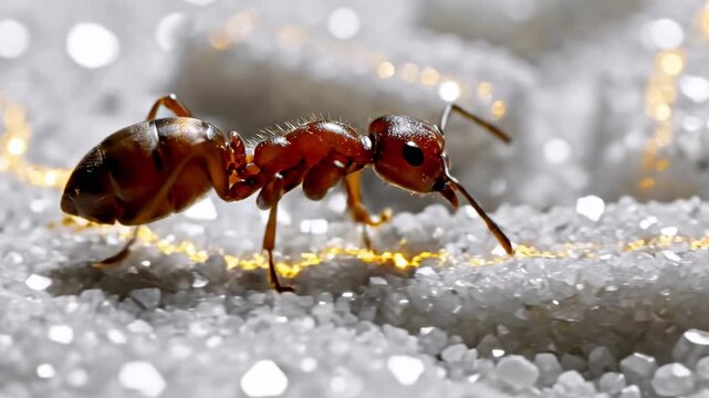 Macro shot of a shiny, detailed ant traversing a surface of crystalline structures