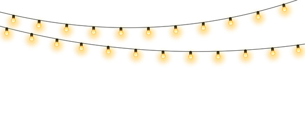 Realistic warm glowing string lights or christmas fairy light overlay with soft warm white illumination for wedding festive event celebration and home decoration on transparent background © SharminAkter