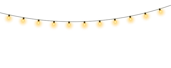 Realistic warm glowing string lights or christmas fairy light overlay with soft warm white illumination for wedding festive event celebration and home decoration on transparent background © SharminAkter