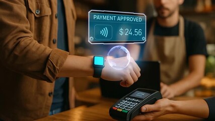 Smartwatch contactless payment with holographic display showing balance and approval in a modern retail store - Powered by Adobe