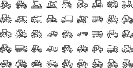 Various agriculture vehicles and tractors pattern on transparent background
