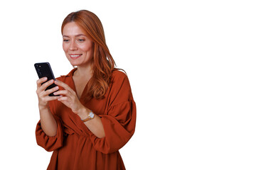 Happy young woman smiling, holding smartphone, checking social media or messaging, transparent background