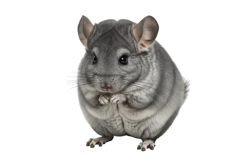 Isolated Chinchilla with Grey Fur Standing Upright and Resting Front Paws on Belly, Looking Cute