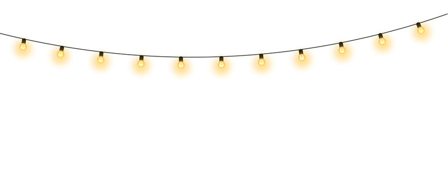Realistic warm glowing string lights or christmas fairy light overlay with soft warm white illumination for wedding festive event celebration and home decoration on transparent background