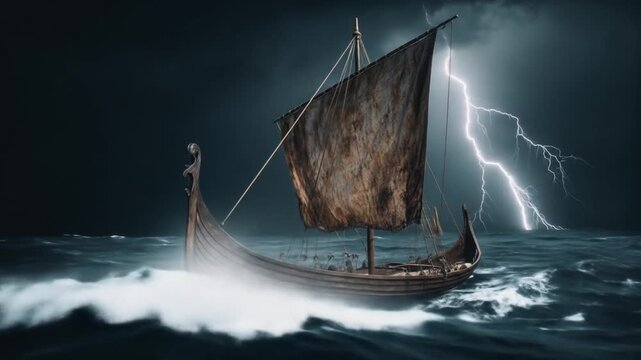 A wooden longship sails through a storm on turbulent water under a dark and ominous sky, with lightning