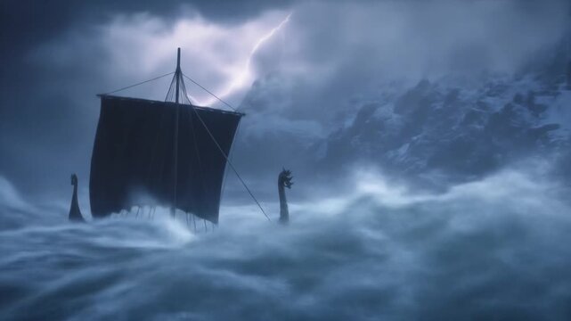 A wooden longship sails stormy seas, lightning illuminates the sky, a dramatic scene