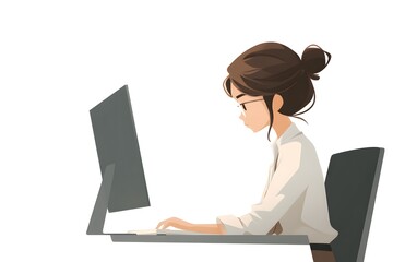 Focused Young Woman Working on Computer