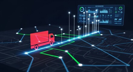Digital map with truck icon and data analytics interface for fleet tracking