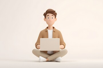 Relaxed 3D Cartoon Man Working on Laptop