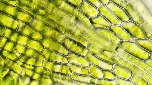 Close-up Observation of Living Moss Leaf Cells Under Microscope