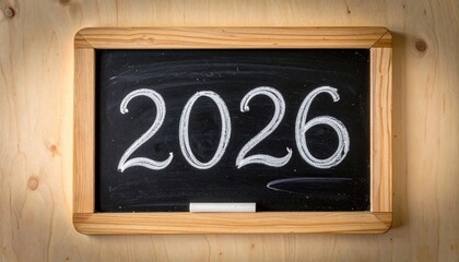 Close-up of a chalkboard with the year 2026 written in white chalk, on a wooden surface