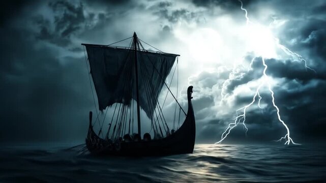 A Viking longship sails through a storm under a full moon, with lightning illuminating the scene