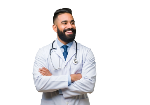 Confident Bearded Male Doctor in White Lab Coat and Stethoscope, Smiling Happily with Crossed Arms, Looking Right, Professional Healthcare Portrait isolated on transparent background.
