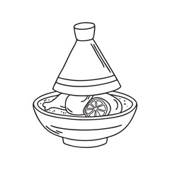 Tagine pot with conical lid housing chicken and slices of preserved lemon