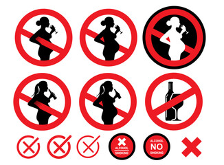 Set of No alcohol during pregnancy vector signs. Pregnant no drink sign. Red prohibition alcohol warning responsibility sign with pregnant woman silhouette and bottle of beer in hand. Vector signs.