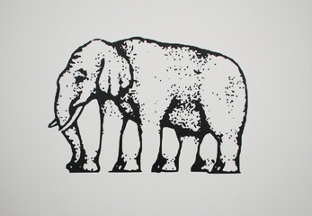 Creative black and white optical illusion illustration of an elephant featuring an ambiguous leg design that confuses the eye. This surreal artwork plays with visual perception and perspective. 