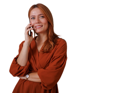 Woman with red hair receiving phone call and smiling, communicating on mobile phone, transparent background