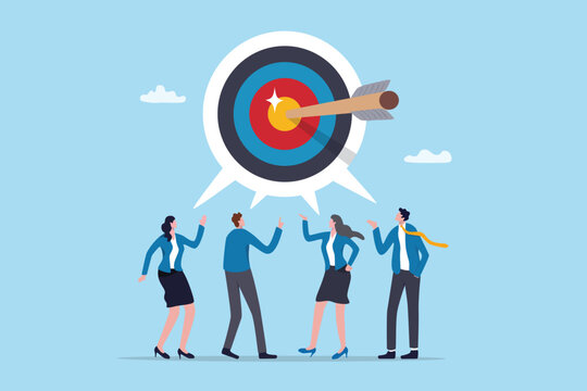 Team target or teamwork achieve goal and success together, business mission, collaboration or cooperation to same objective, business people employees taking same business bullseye achievement target.