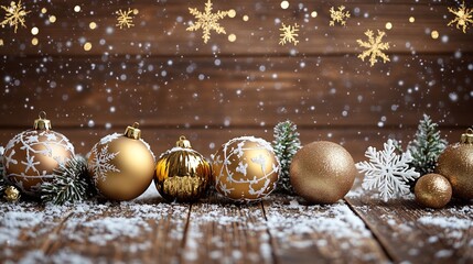 Christmas ornaments baubles on wooden background snowflakes stars elegant design for festive card high detail no people