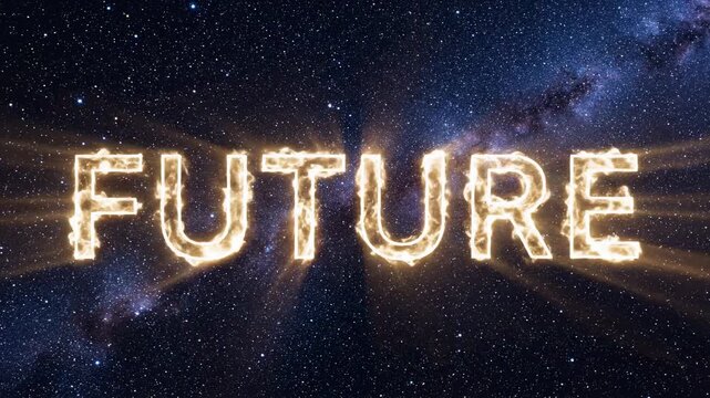 Golden glowing text future materializing against a stunning backdrop of the milky way galaxy and a twinkling starry night sky, representing hope, new beginnings, and celestial wonder for 2026
