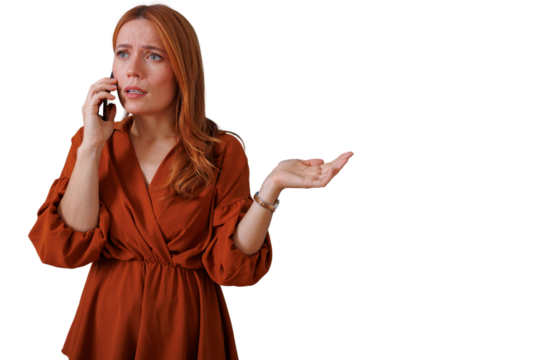 Concerned woman holding smartphone having difficult phone conversation gesturing with hand, transparent background