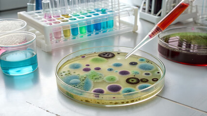 Science laboratory analysis with petri dish, red solution and test tubes on table for scientific research. Science laboratory includes equipment and reagents for chemical experiments.