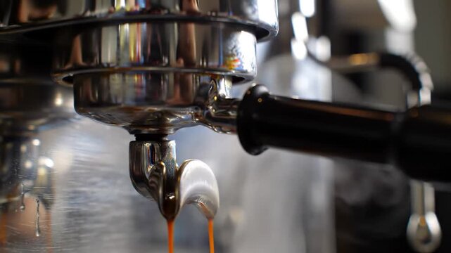 Close up of espresso machine dispensing freshly brewed coffee drink