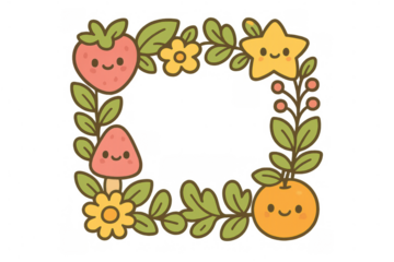 Cute cartoon frame creating a border with happy smiling fruits, star, mushroom, and flowers, transparent background