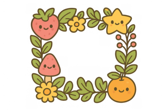 Cute cartoon frame creating a border with happy smiling fruits, star, mushroom, and flowers, transparent background