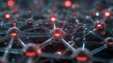 Abstract network of glowing red nodes representing interconnected data points. The complex structure is a visualization of digital connectivity