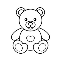 Adorable black and white outline drawing of a teddy bear with a heart on its chest, , ideal for creative projects