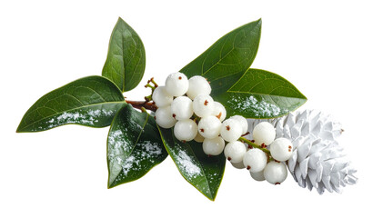 Snowberry plant branch showing white berries and green leaves next to white pinecones, creating a winter seasonal element