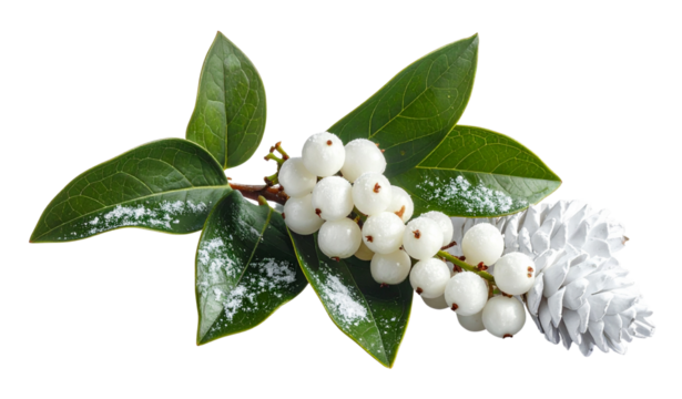 Snowberry plant branch showing white berries and green leaves next to white pinecones, creating a winter seasonal element