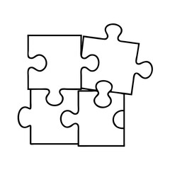 Four puzzle pieces, three connected and one slightly askew, symbolizing teamwork, problemsolving, and completion