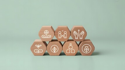 Wooden wellness and sustainability icons stacked on hexagon blocks representing personal growth, environmental care, mental health support, community well-being, and eco-friendly values for holistic l