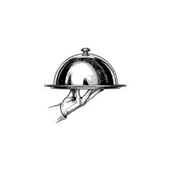 Vintage illustration ofa gloved hand holding a silver serving platter with a cloche.