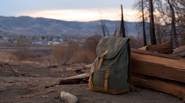 Worn Survivalist Backpack in Harsh Conditions Against a Scenic Mountain Background at Dusk