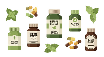 Flat illustration of herbal remedies and capsules