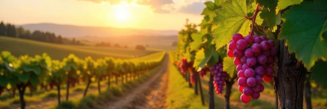 Sun-drenched Tuscan vineyard bursting with ripe grapes ready for harvest Rolling hills, vibrant vines, and abundant fruit create a picturesque autumn scene , wine region, September