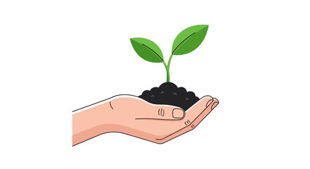 Hand holding soil with a seedling