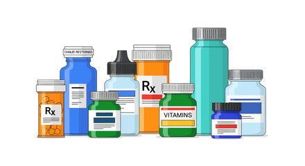 Group of various medicine bottles on a white background