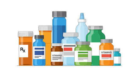 Collection of various medicine bottles and vitamin containers