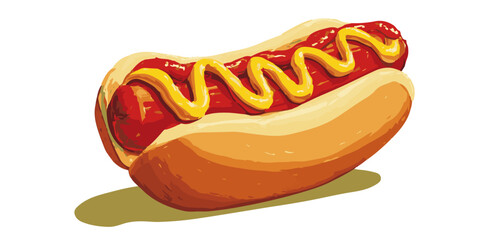 Classic american hot dog with mustard in a bun on a white background with shadow