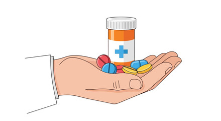 A hand holds a bottle of pills and various colored pills
