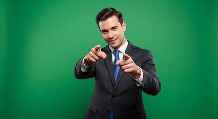 A businessman in a suit points at the viewer