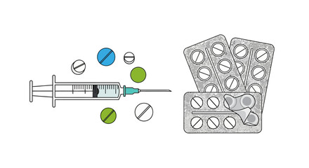 A syringe and scattered pills next to blister packs of medicine