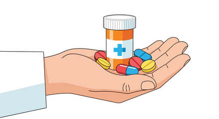 Hand holding a pill bottle and scattered pills