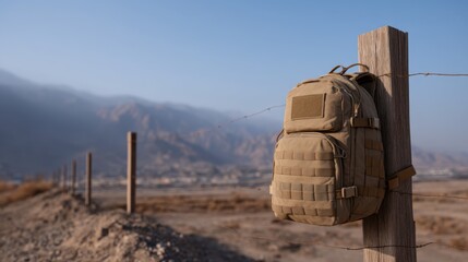 Tactical Backpack Hanging on a Fence Post in an Outdoor Landscape with Mountains in Background